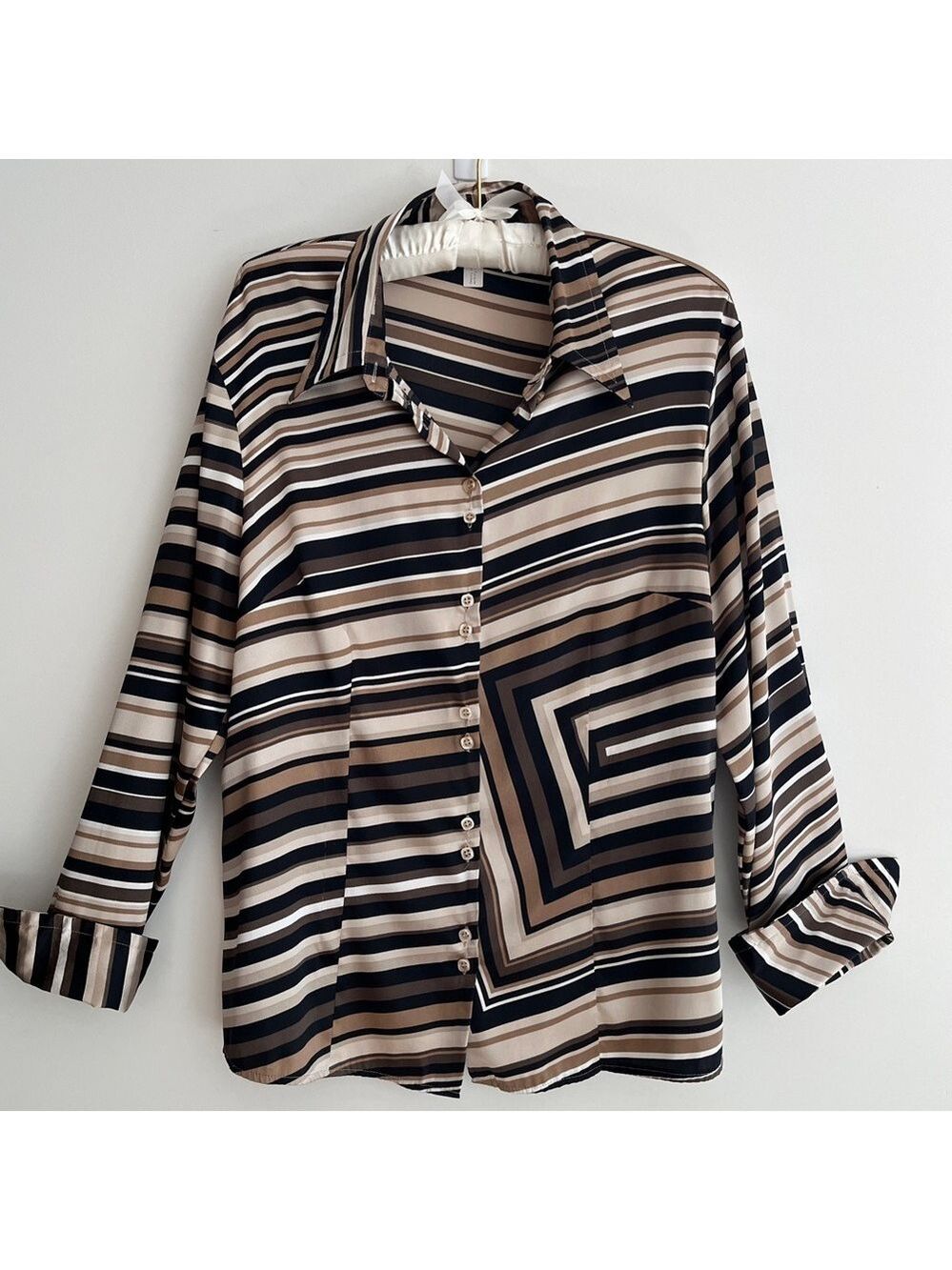 BIANCA Long Sleeve Button Front Blouse Earth Tone Stripes Geometric Business